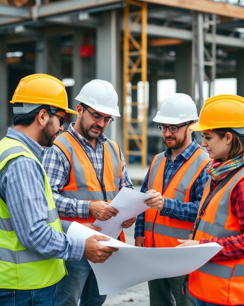 Twins Corporation crew reviewing blueprints on site