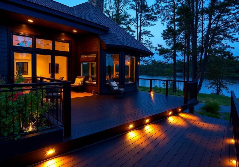 Modern composite deck with lighting at dusk